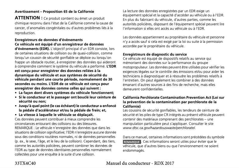 Page 1 de la notice Manuel utilisateur Acura RDX (2017)