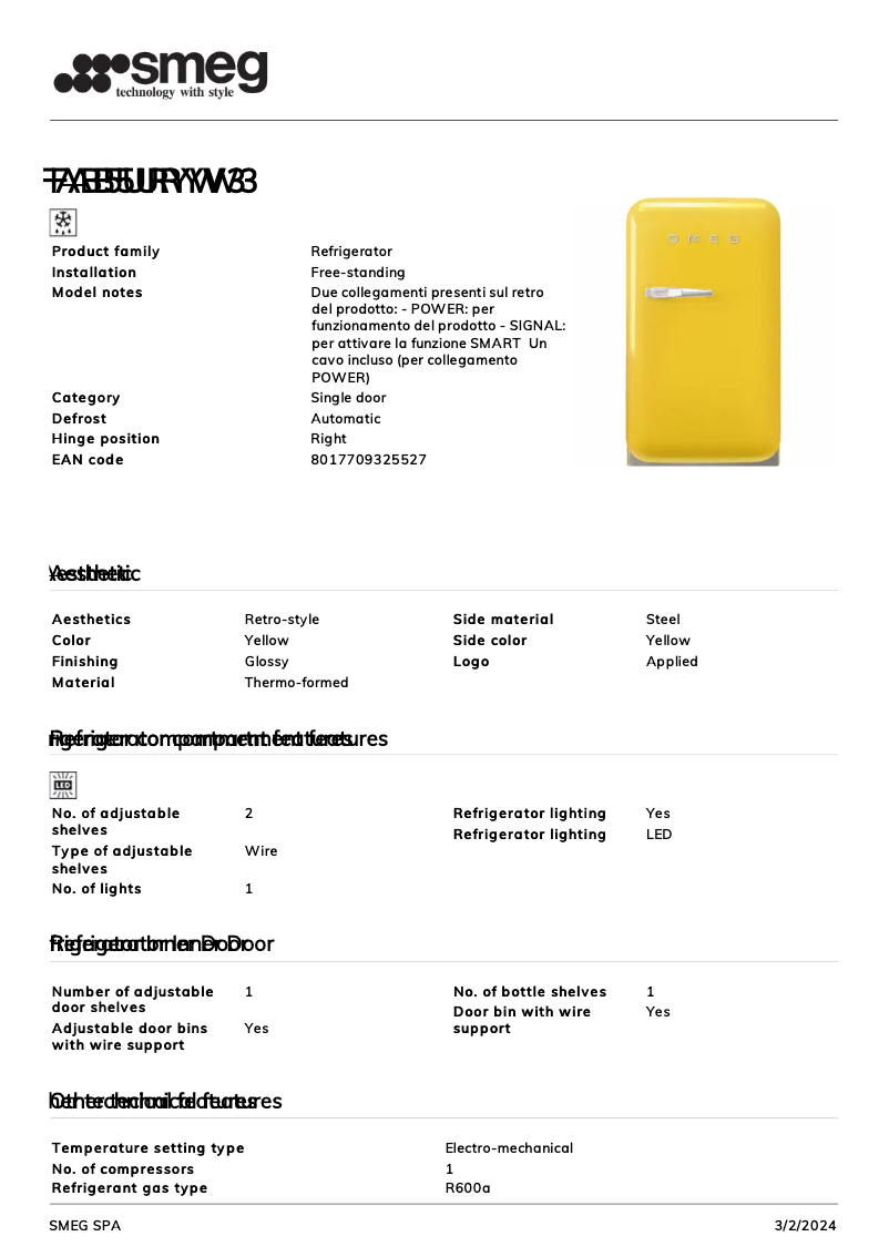 Page n°1 - Fiche technique Smeg FAB5URYW3