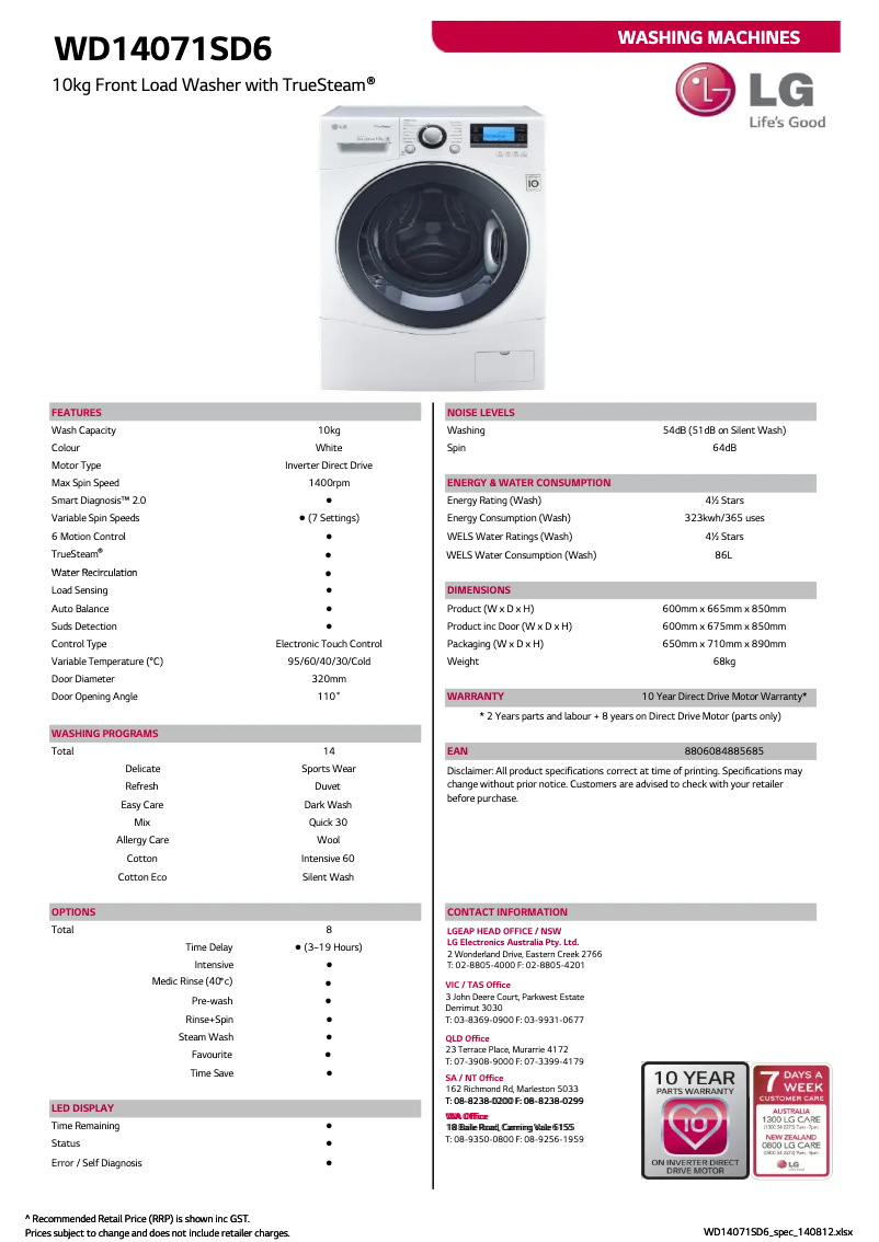 Página 1 del manual Ficha técnica LG WD14071SD6