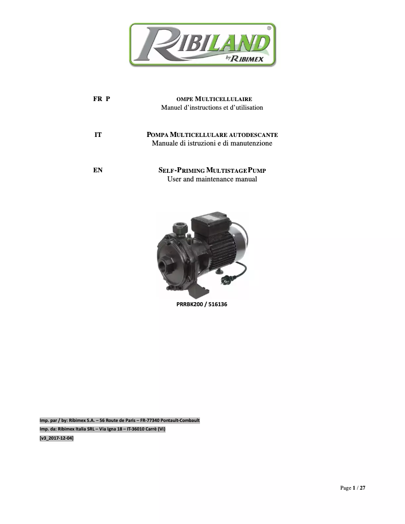 Page n°1 - Manuel utilisateur Ribimex PRRBK200