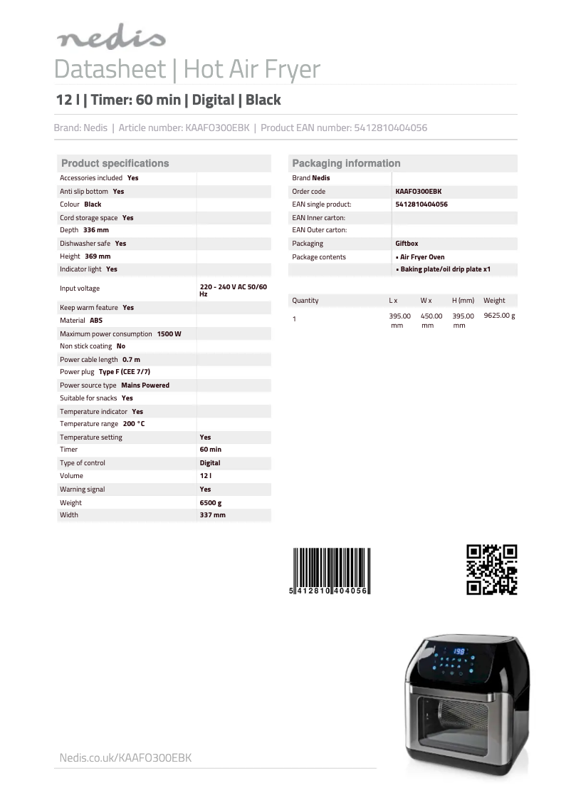Page 1 de la notice Fiche technique Nedis KAAFO300EBK