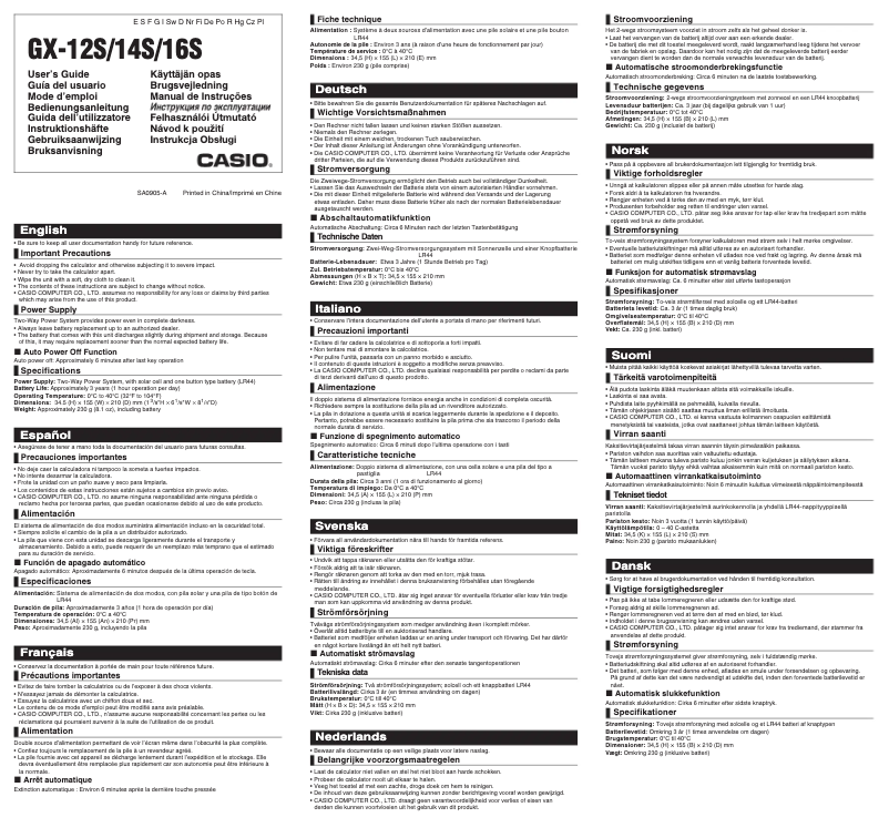Page n°1 - Manuel utilisateur Casio GX-14S
