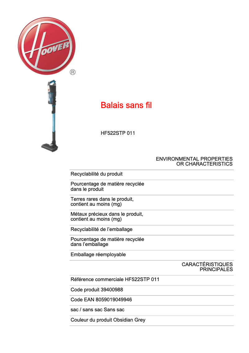 Page 1 de la notice Fiche technique Hoover HF522STP 011