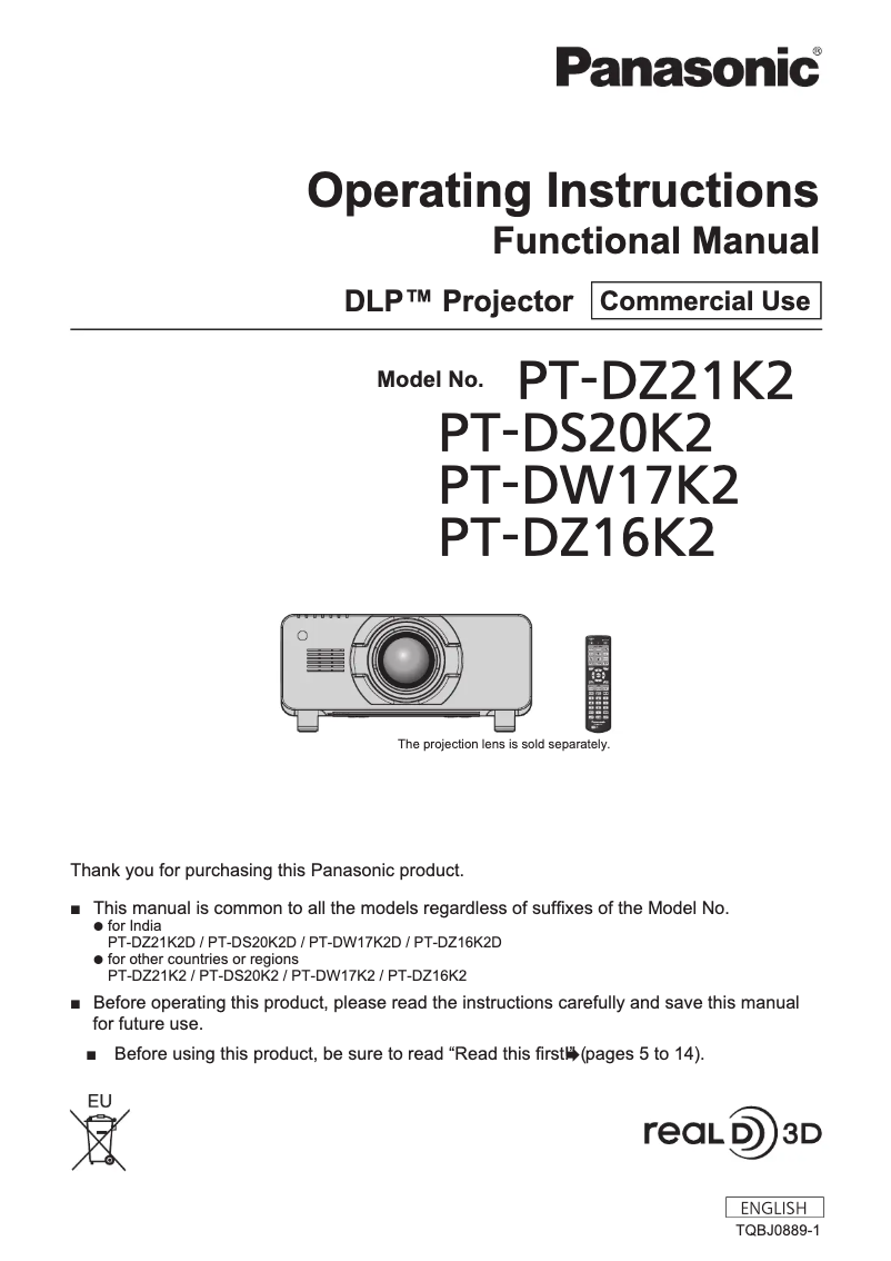 Page 1 of the manual User Manual Panasonic PT-DS20K2U