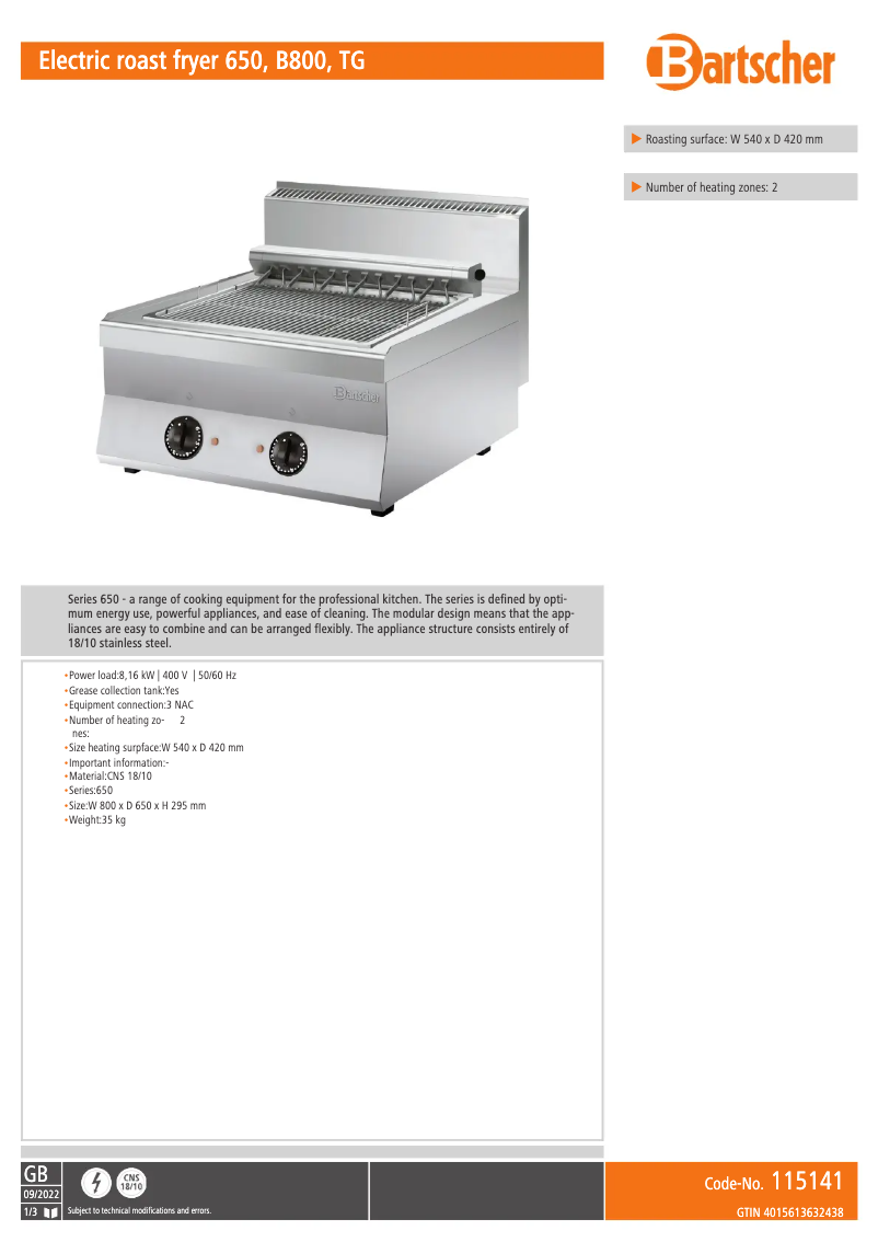 Page n°1 - Fiche technique Bartscher 115141