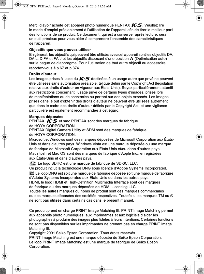 Page 1 de la notice Manuel utilisateur Pentax K-5