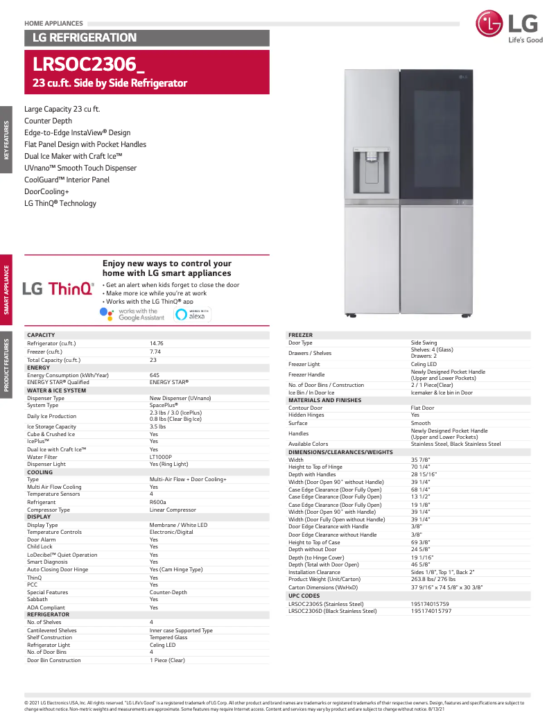 Page 1 de la notice Fiche technique LG LRSOC2306D