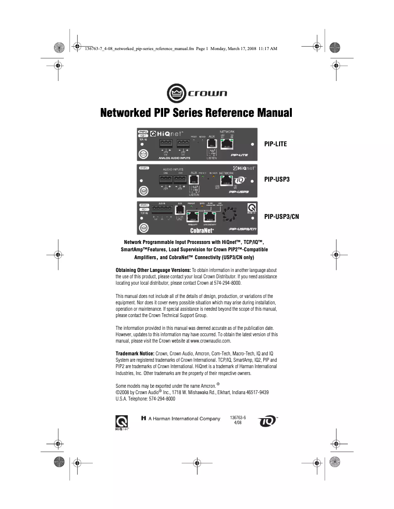 Page n°1 - Manuel utilisateur Crown PIP-USP3
