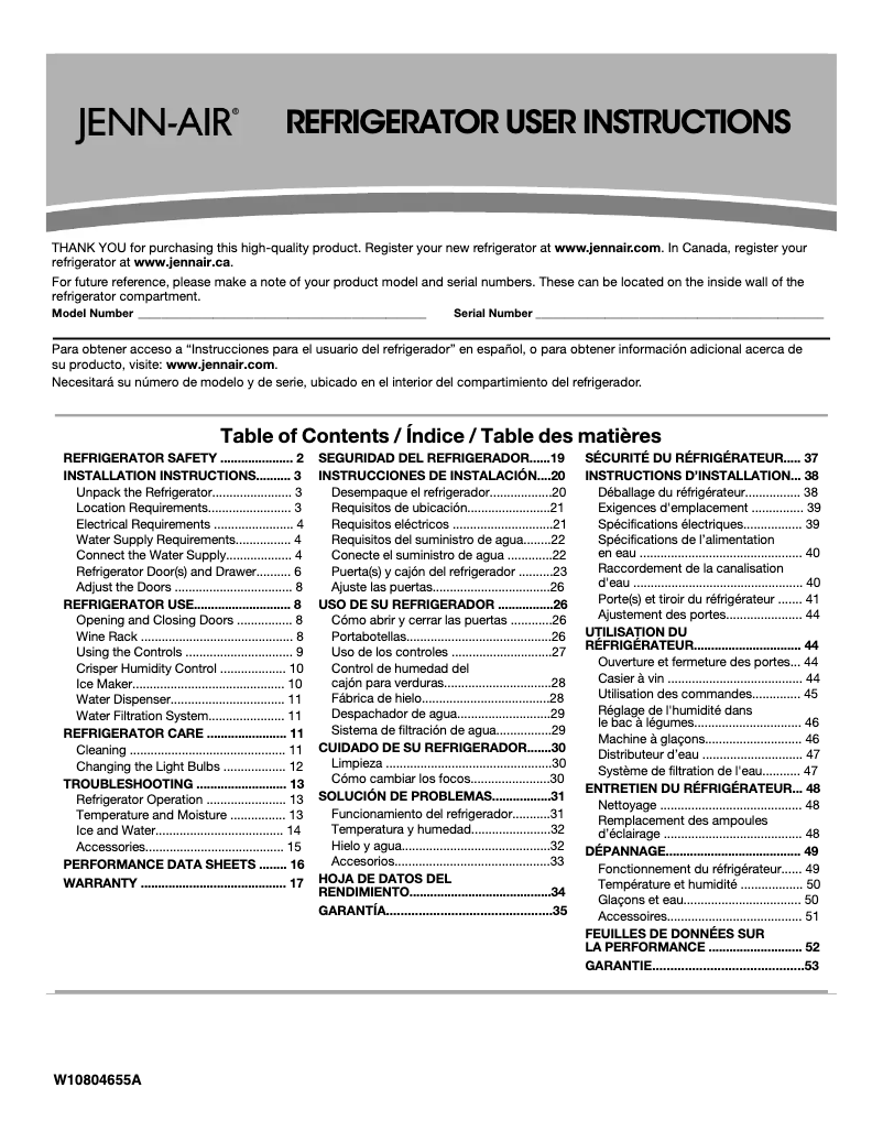 Page n°1 - Manuel d'utilisation et d'entretien JennAir JFFCF72DKL