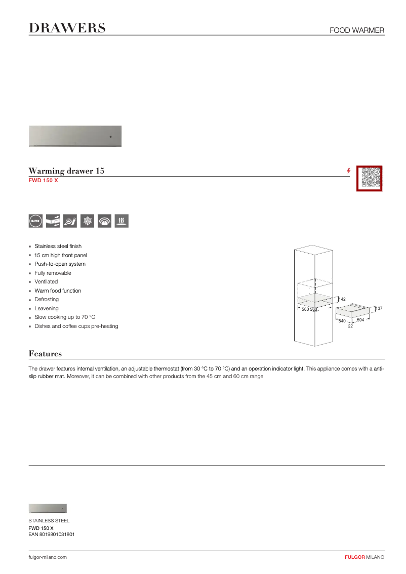 Page 1 de la notice Fiche technique Fulgor Milano FWD 150 X