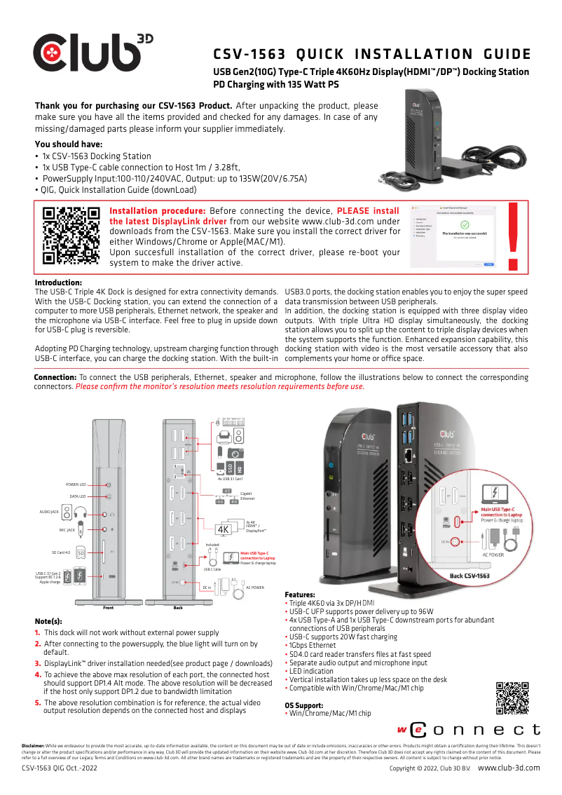 Page 1 de la notice Manuel utilisateur CLUB3D CSV-1563