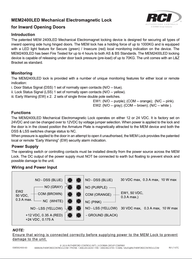 Page 1 de la notice Manuel utilisateur Dormakaba RCI MEM2400