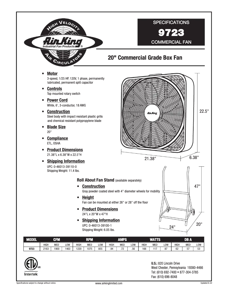 Page 1 de la notice Fiche technique Air King 9701