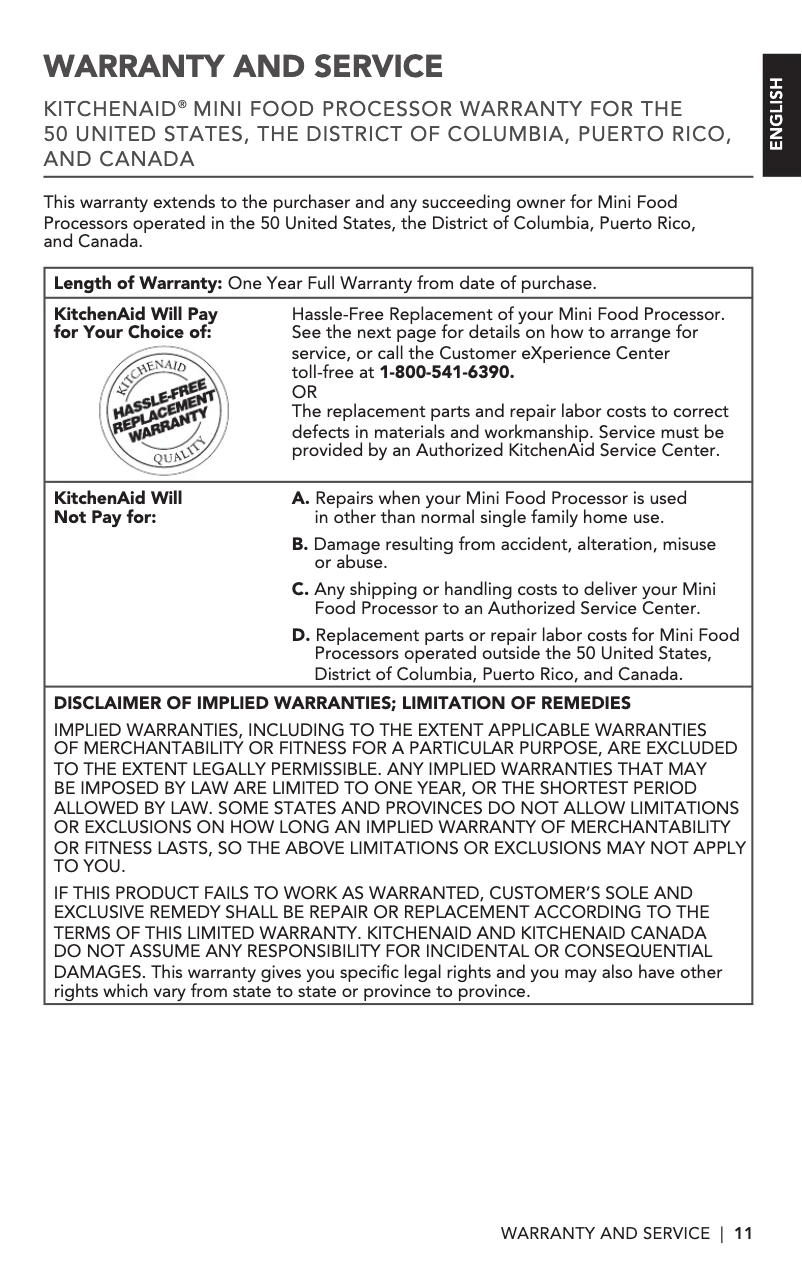 Page 1 de la notice Informations de garantie KitchenAid KFC3516AQ