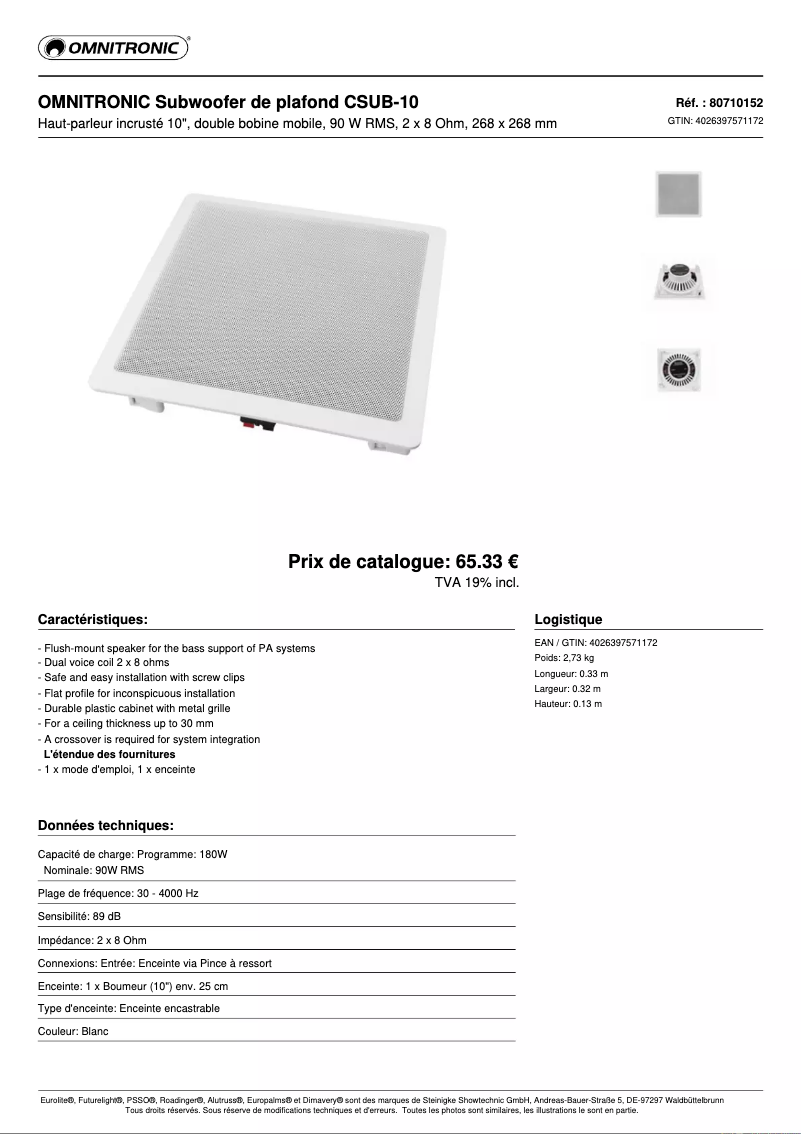 Page 1 of the manual Technical Sheet Omnitronic CSUB-10