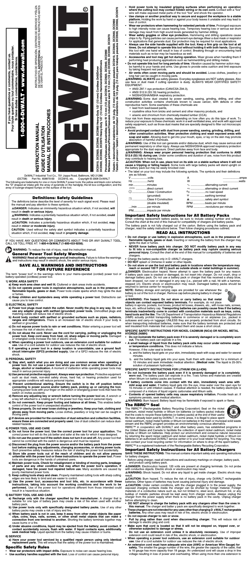 Page 1 de la notice Manuel d'utilisation et d'entretien DeWalt DCD920KX