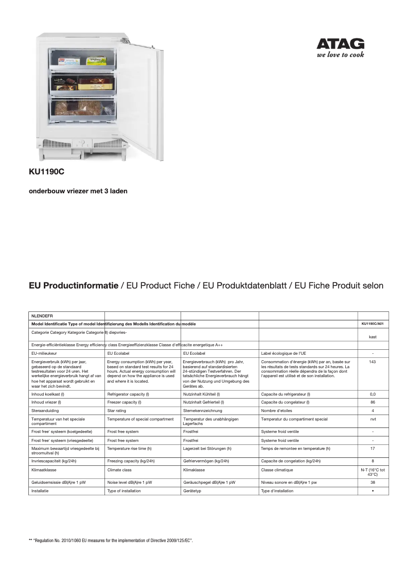 Page 1 de la notice Fiche technique Atag KU1190C