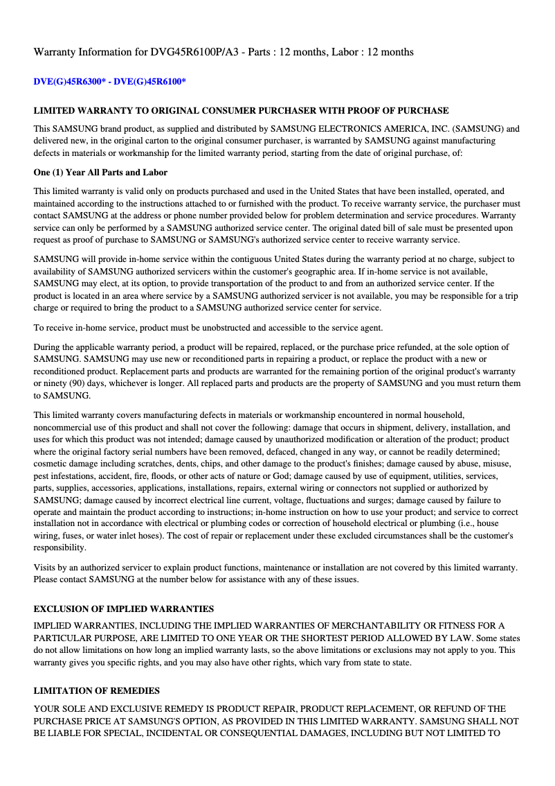 Page 1 de la notice Informations de garantie Samsung DVG45R6100P