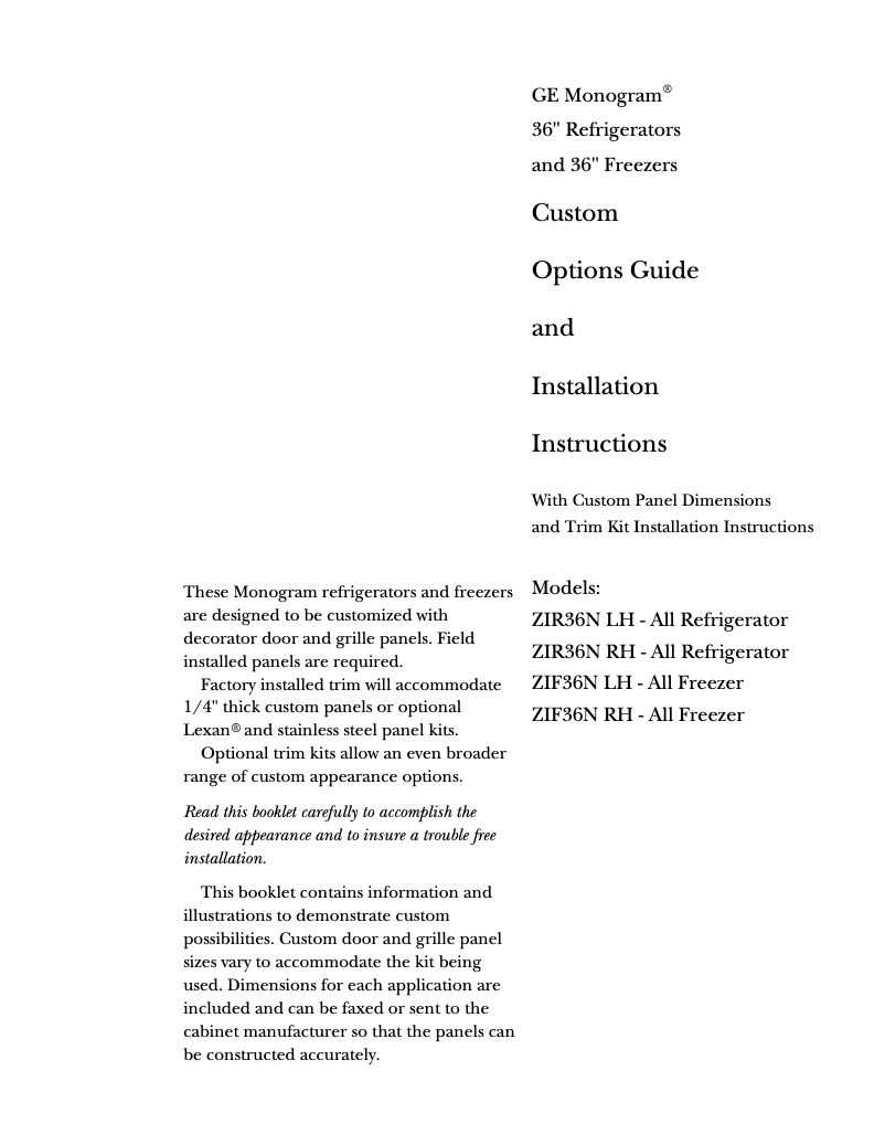 Page n°1 - Guide d'installation GE ZIF36NDRH