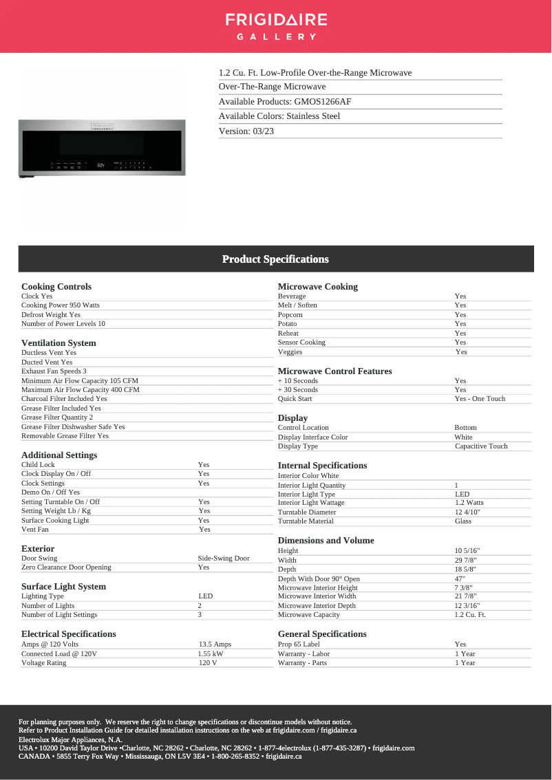 Page n°1 - Fiche technique Frigidaire GMOS1266AF