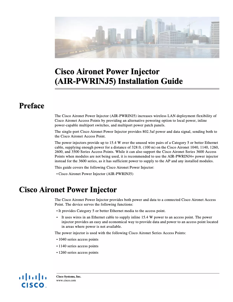 Page 1 de la notice Manuel utilisateur Cisco Aironet Power Injector