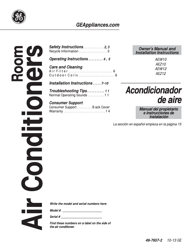 Page 1 de la notice Manuel d'utilisation et d'entretien GE AEW12AQ
