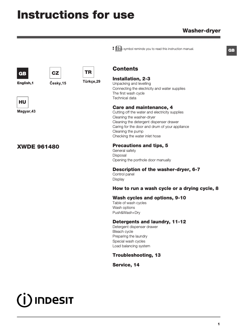 Page 1 de la notice Manuel utilisateur Indesit XWDE 961480X WKKC EU