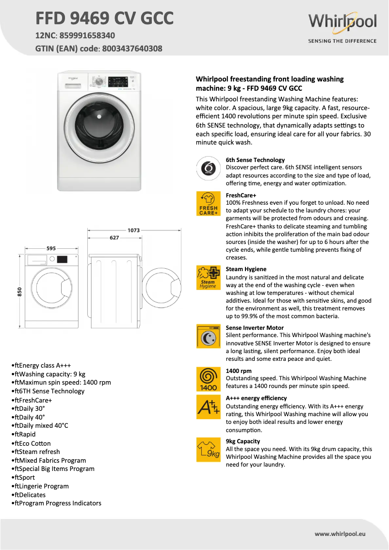 Page 1 de la notice Fiche technique Whirlpool FFD 9469 CV GCC