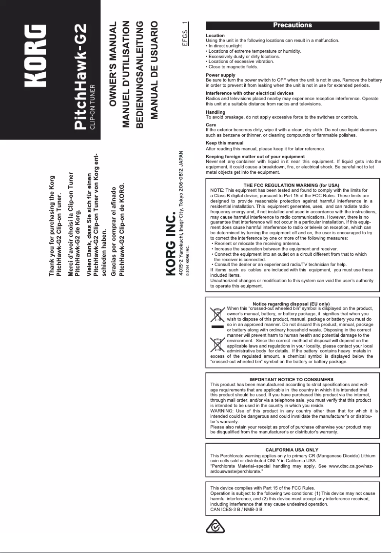 Page 1 de la notice Manuel utilisateur Korg PitchHawk-G2