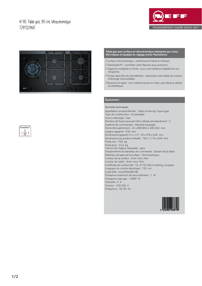 Page n°1 - Fiche technique Neff T29TS79N0