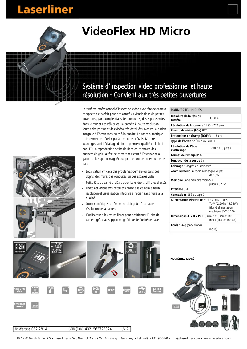 Page 1 de la notice Fiche technique Laserliner VideoFlex HD Micro