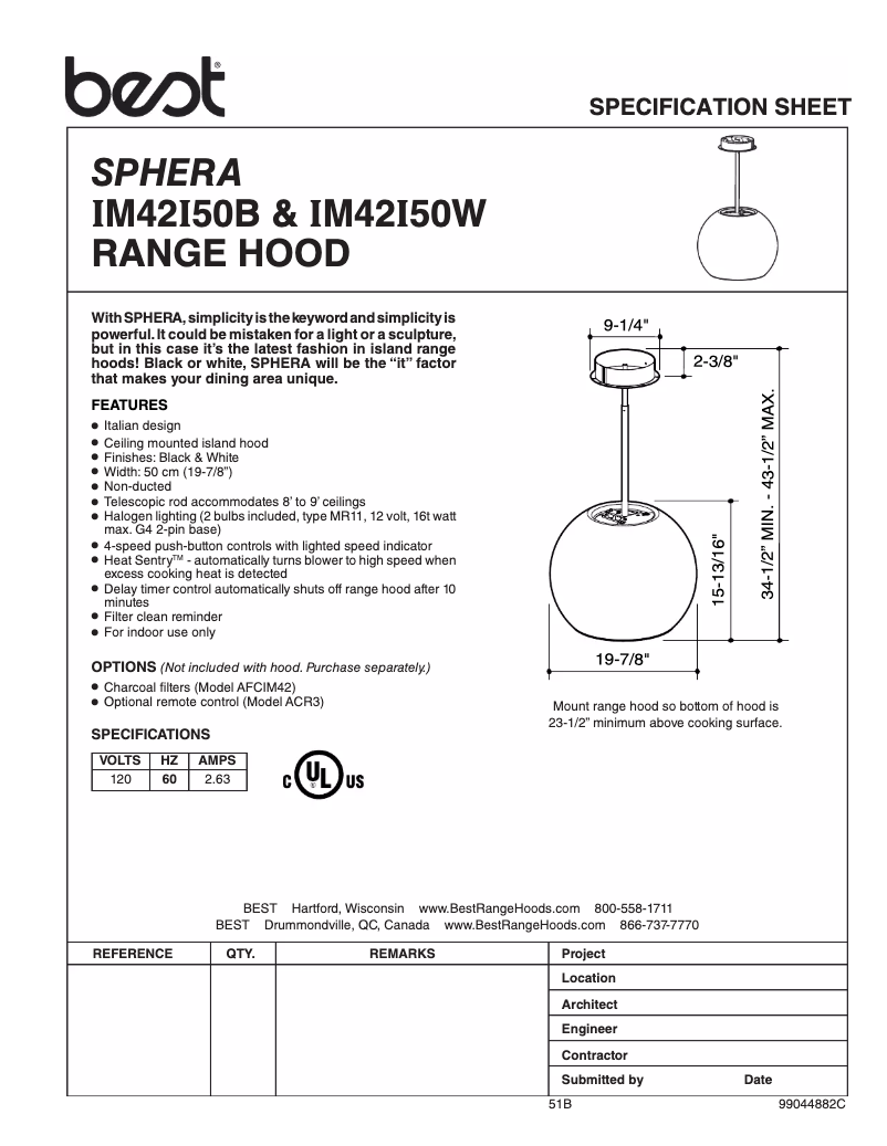 Page n°1 - Fiche technique Best Sphera IM42I50W