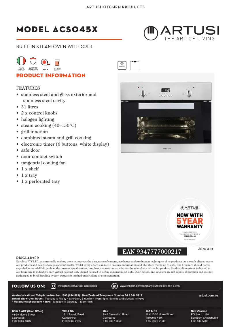 Page 1 de la notice Fiche technique Artusi ACSO45X