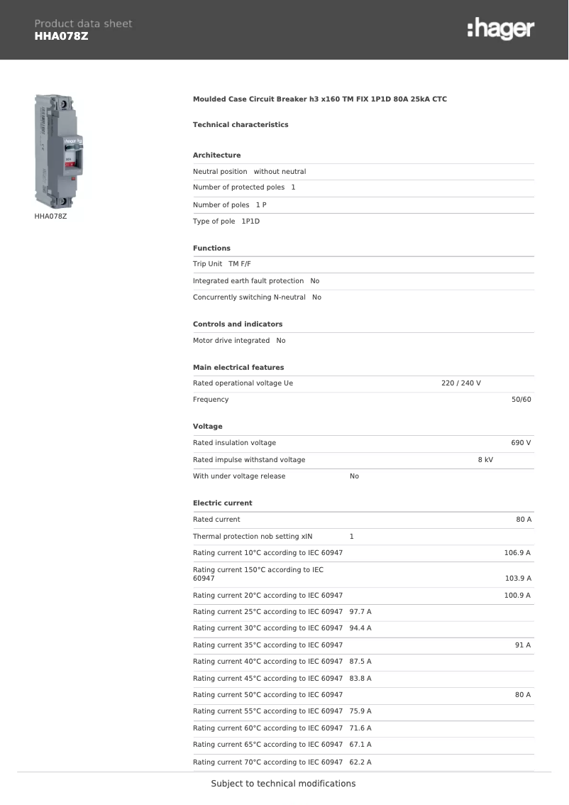 Page 1 de la notice Fiche technique Hager HHA078Z