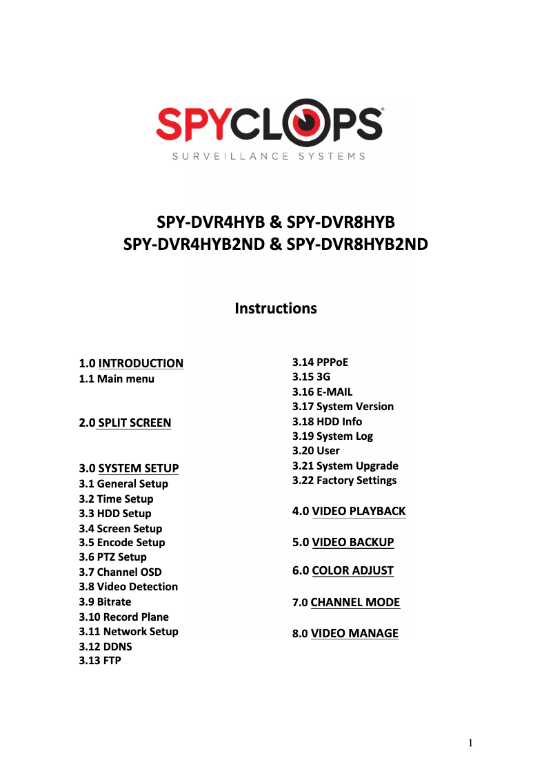Image de la première page du manuel de l'appareil SPY-DVR4HYB2