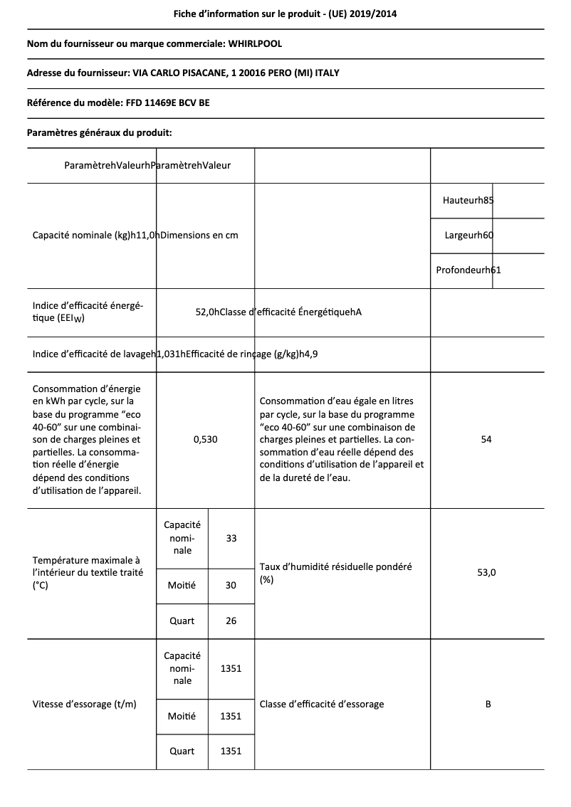 Page 1 de la notice Fiche technique Whirlpool FFD 11469E BCV BE