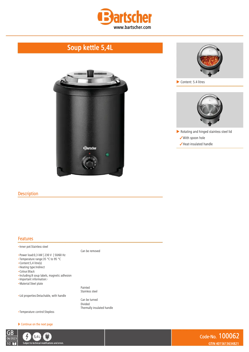 Page n°1 - Fiche technique Bartscher 100062