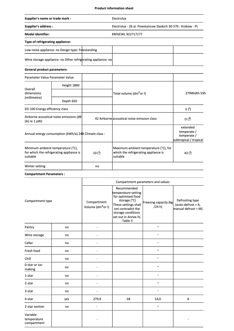 Page 1 de la notice Fiche technique Electrolux KRF6EWL