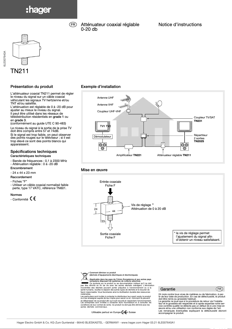 Page n°1 - Manuel utilisateur Hager TN211