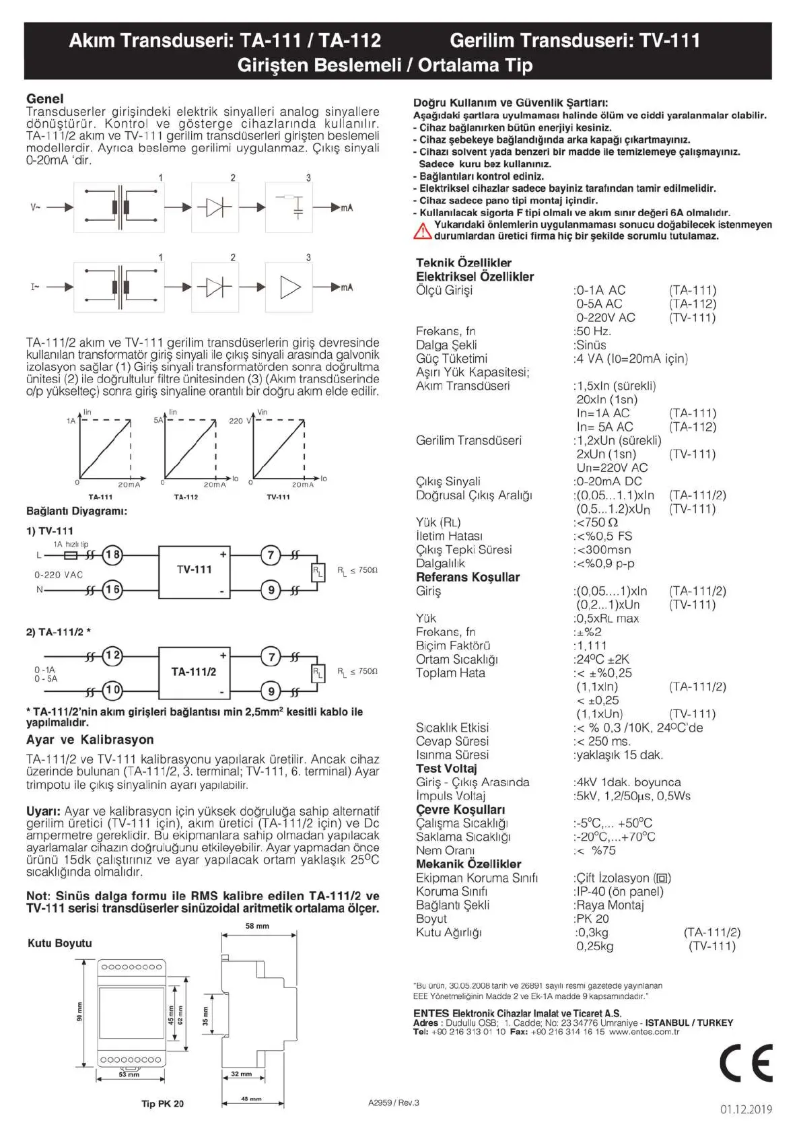 Page 1 de la notice Manuel utilisateur ENTES TV-111
