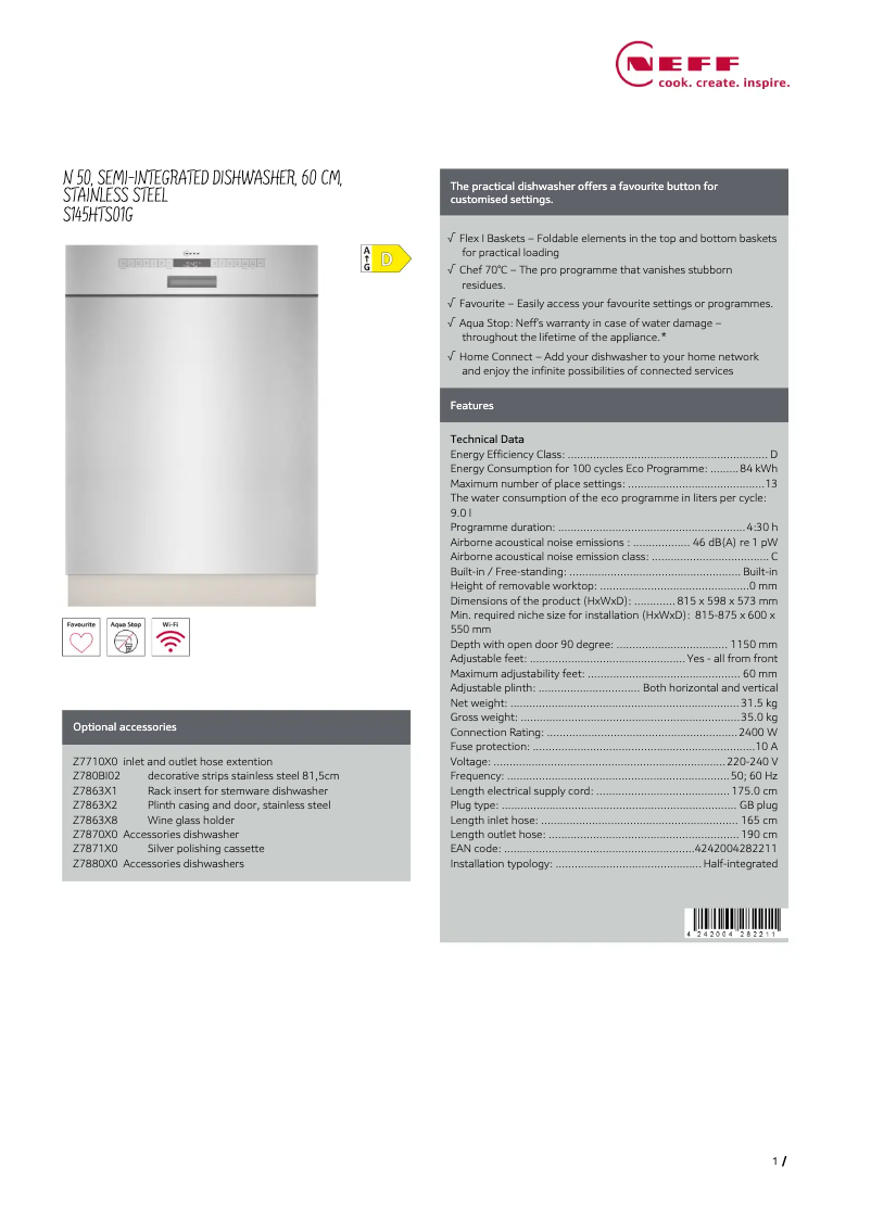 Page 1 de la notice Fiche technique Neff S145HTS01G