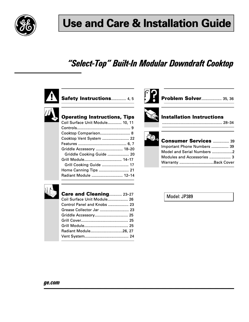 Page 1 de la notice Guide d'installation GE Select-Top JP389BJBB