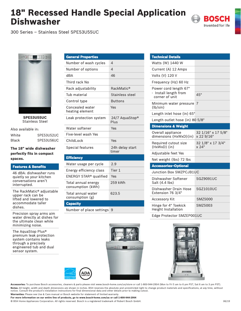 Page 1 de la notice Fiche technique Bosch SPE53U55UC