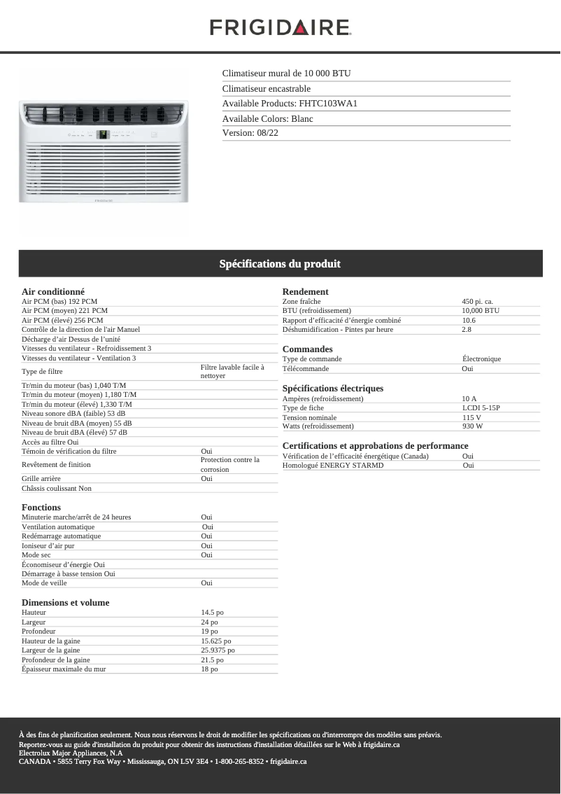 Page 1 de la notice Fiche technique Frigidaire FHTC103WA1