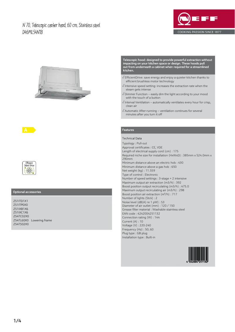 Page 1 de la notice Fiche technique Neff D46ML54N1B