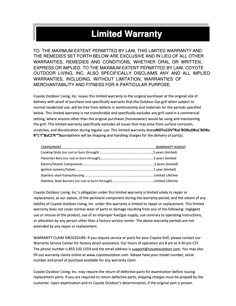 Page n°1 - Informations de garantie Coyote C1FTG30LP