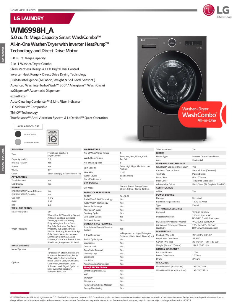 Page n°1 - Fiche technique LG WM6998HVA