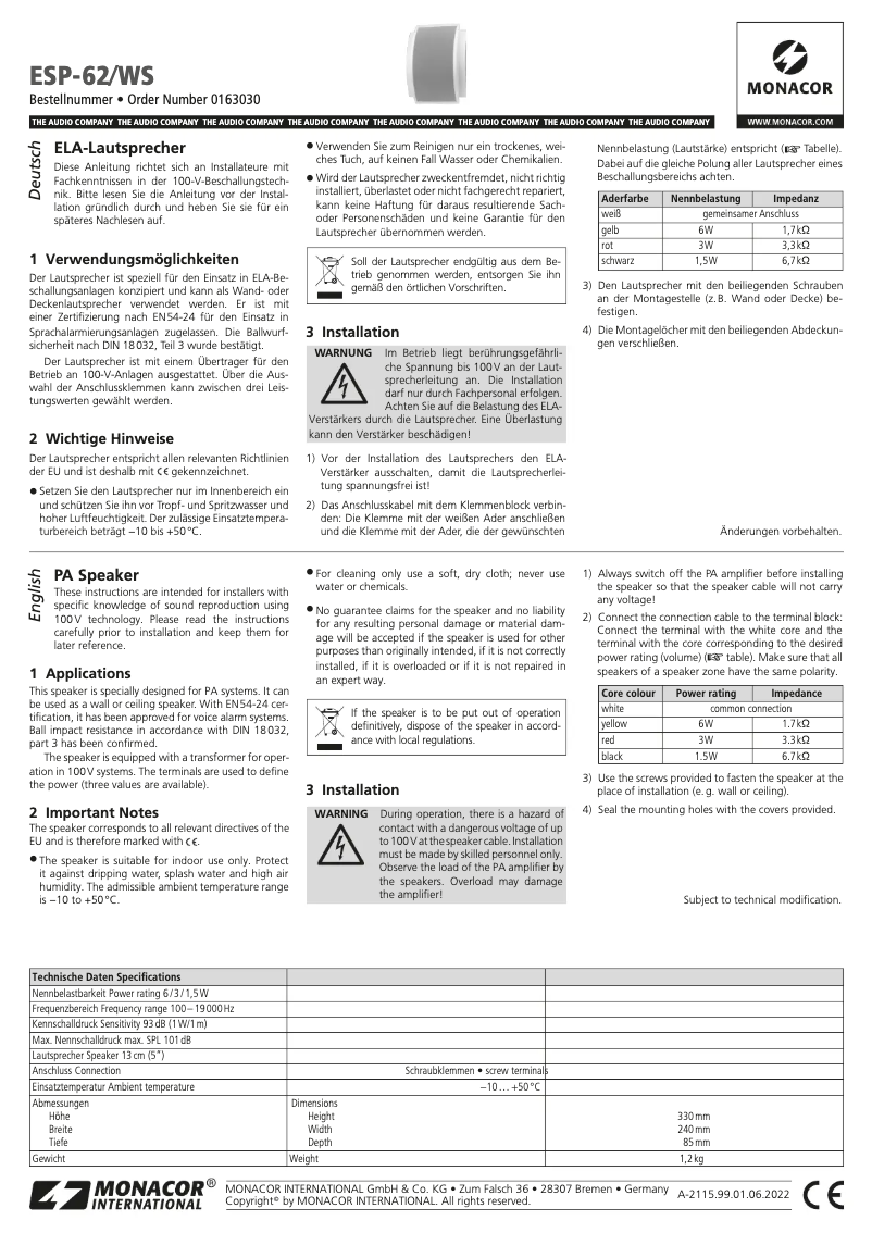 Page n°1 - Manuel utilisateur Monacor ESP-62/WS