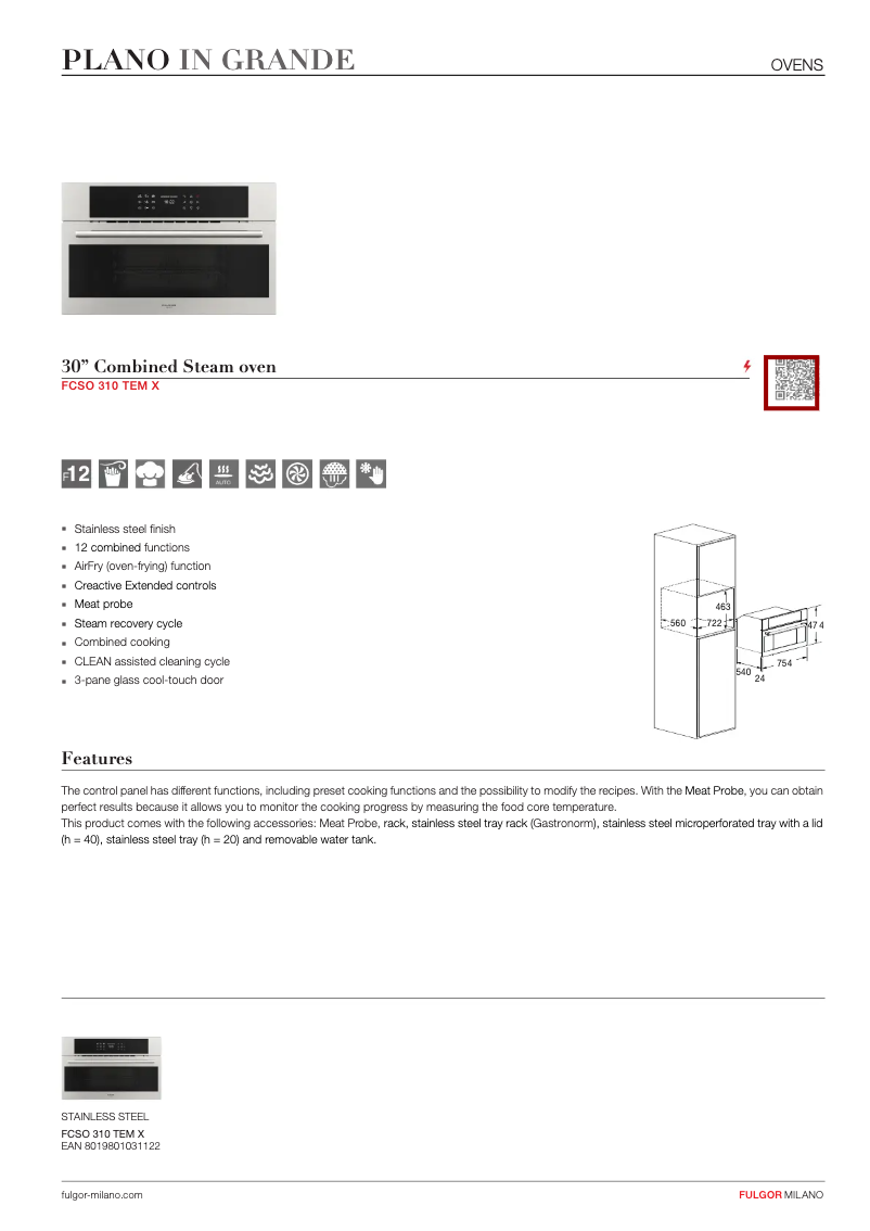Page 1 de la notice Fiche technique Fulgor Milano FCSO 310 TEM X