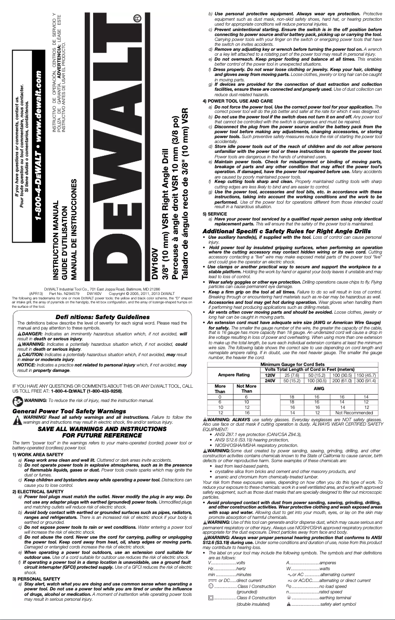 Page 1 de la notice Manuel utilisateur DeWalt DW160V